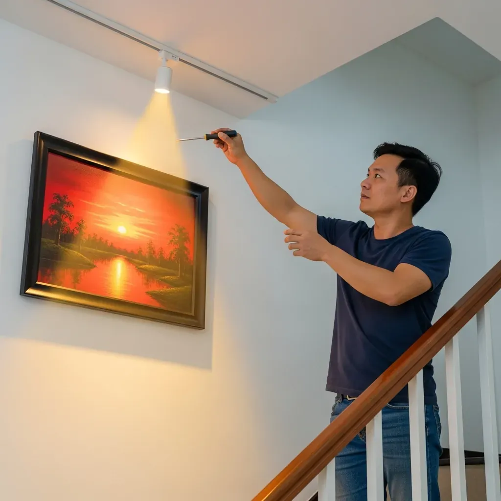 Người đàn ông Việt đang chỉnh góc đèn rọi chiếu vào tranh phong cảnh trên tường cầu thang.