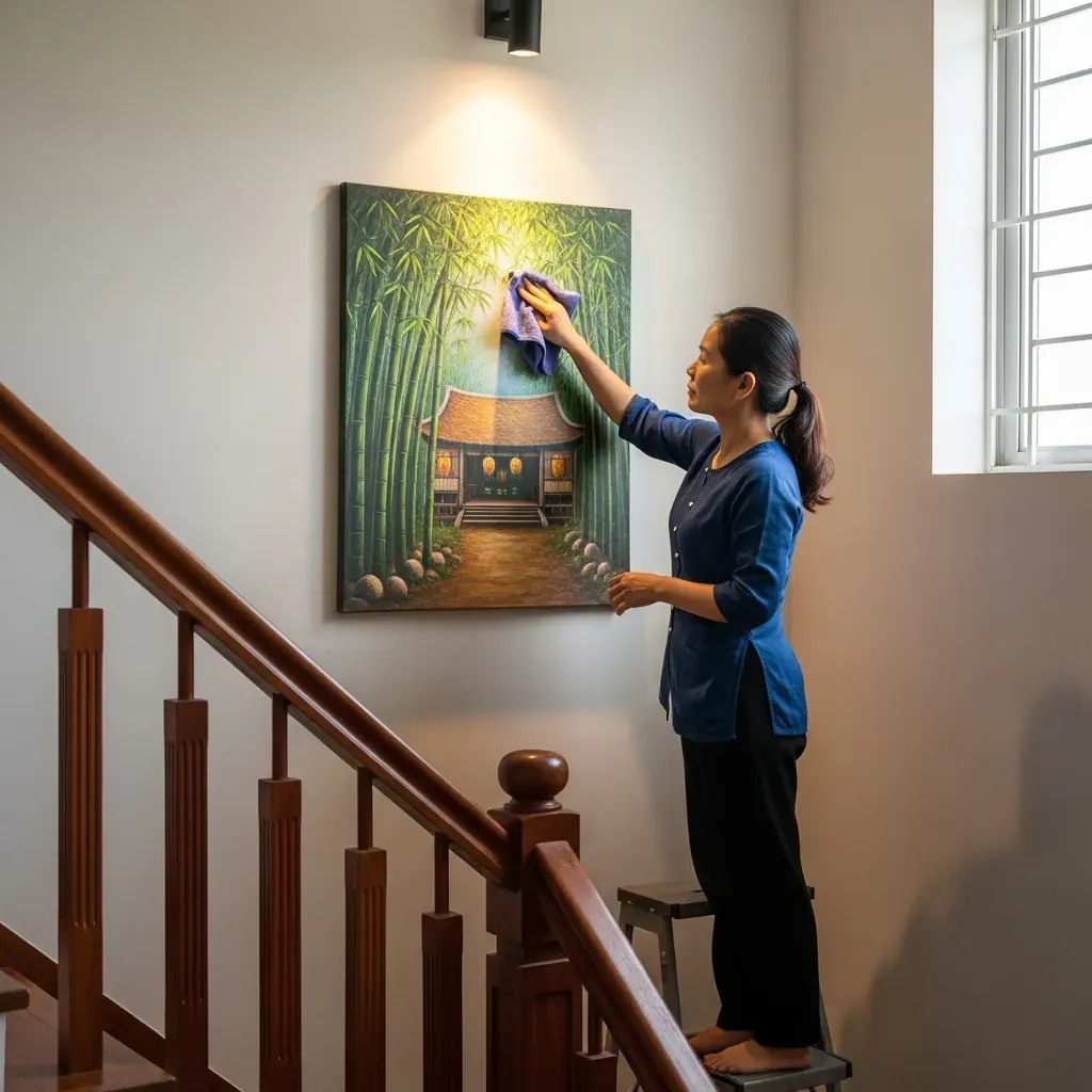 Người phụ nữ lau bụi tranh canvas treo trên tường cầu thang bằng khăn mềm.