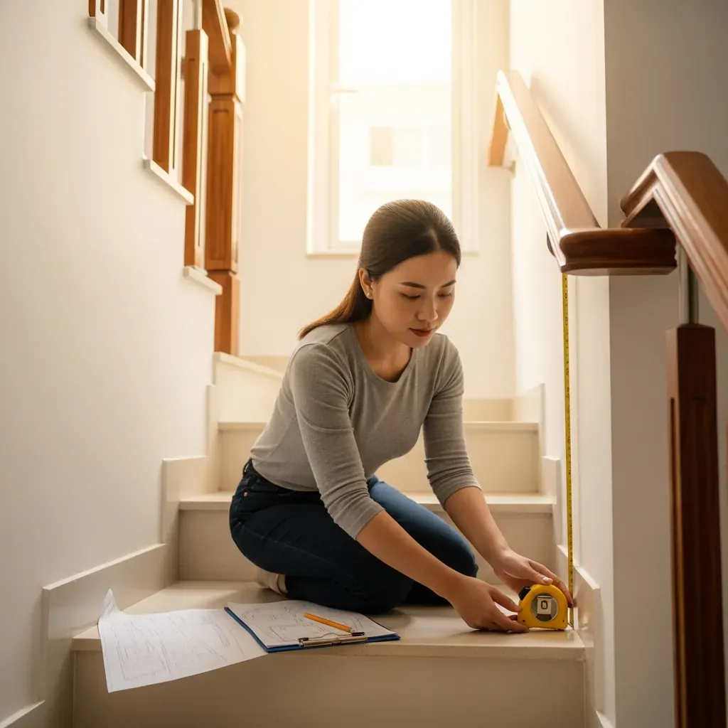 Người phụ nữ Việt đang đo tường cầu thang bằng thước dây trong căn hộ hiện đại.
