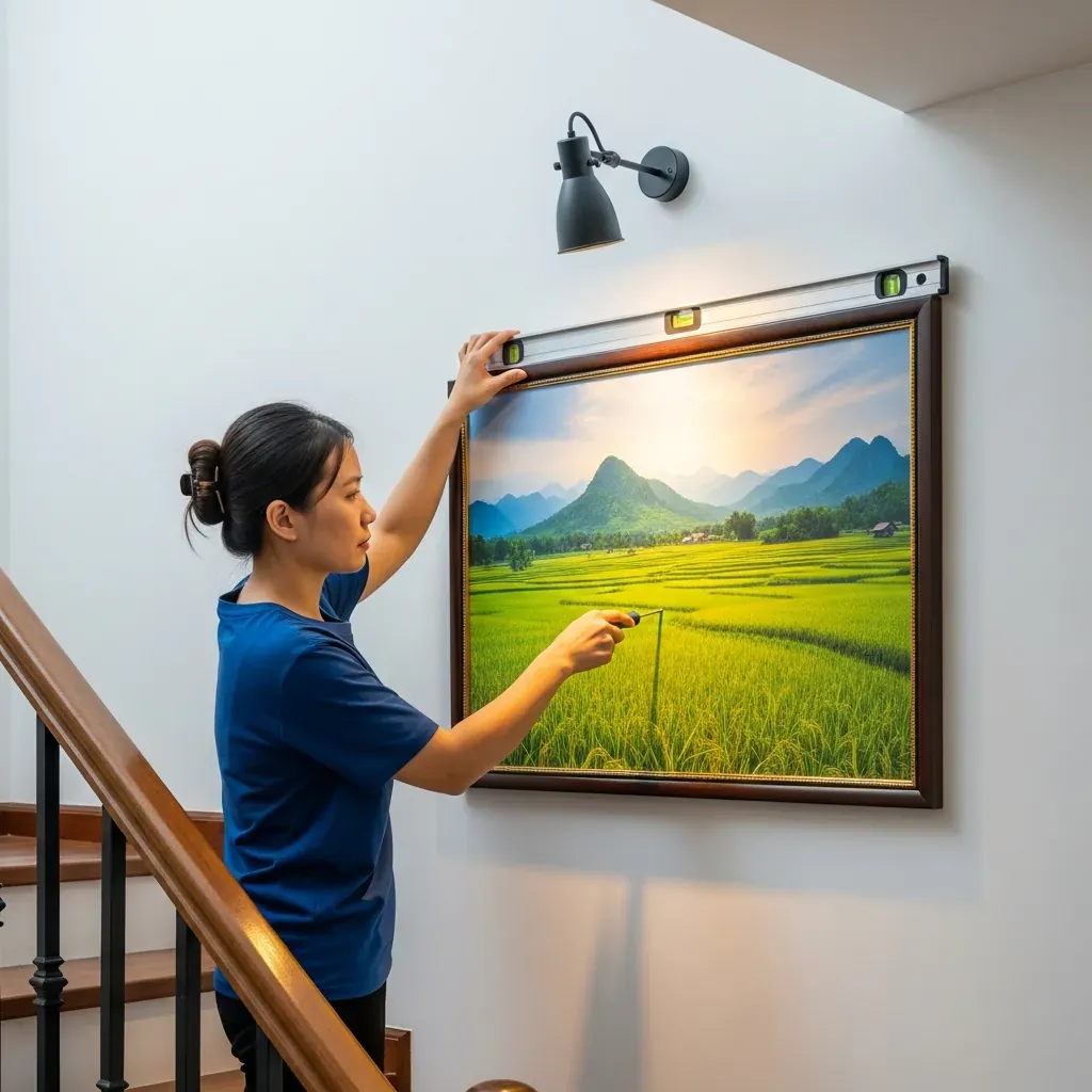 Người phụ nữ Việt đang treo tranh canvas phong cảnh lên tường cầu thang, kiểm tra thăng bằng.