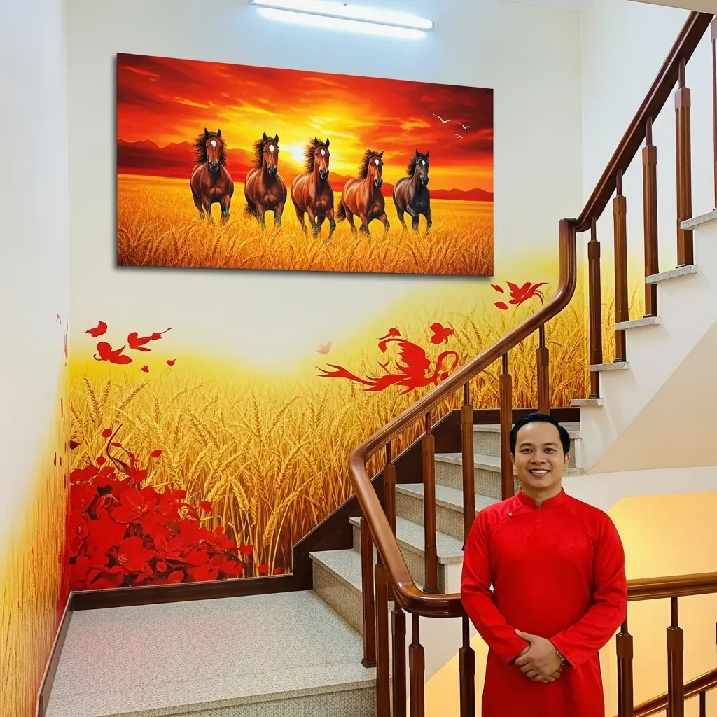 Tranh phong cảnh mặt trời mọc và đàn ngựa phi nước đại, gam màu đỏ cam, phù hợp người mệnh Hỏa.