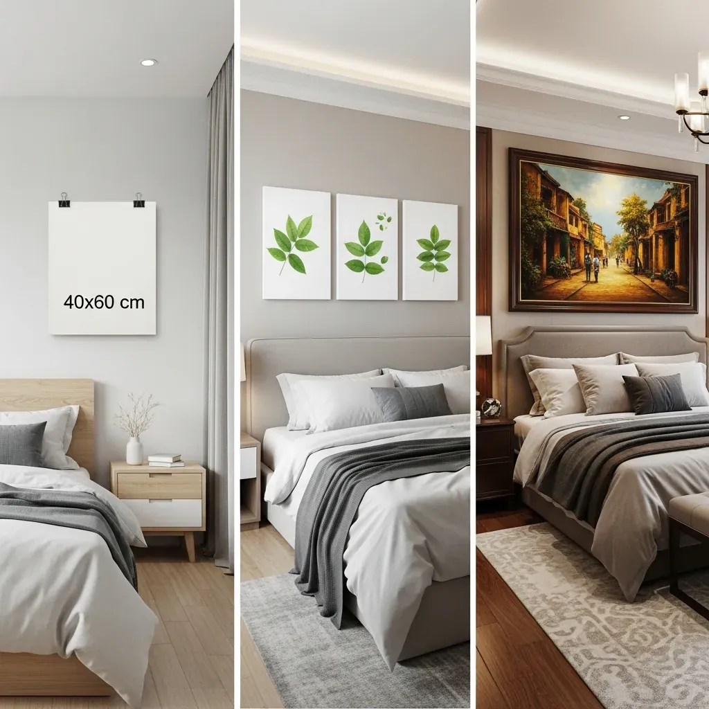Ba phong cách treo tranh theo ngân sách: canvas đơn giản, bộ ba tranh lá và tranh sơn dầu cổ điển.