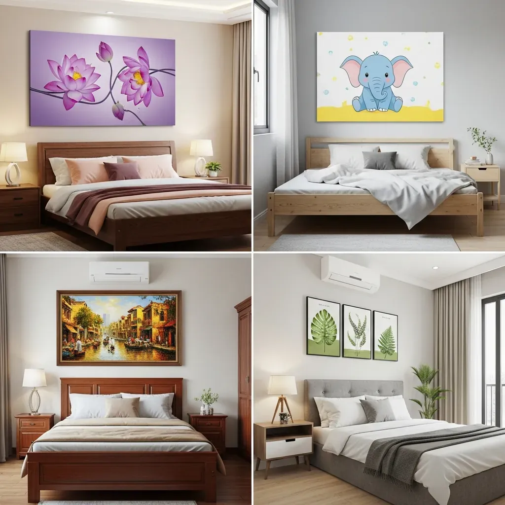 Bốn khung cảnh phòng ngủ kiểu Việt: vợ chồng, trẻ em, người lớn tuổi và phòng nhỏ với tranh phù hợp.