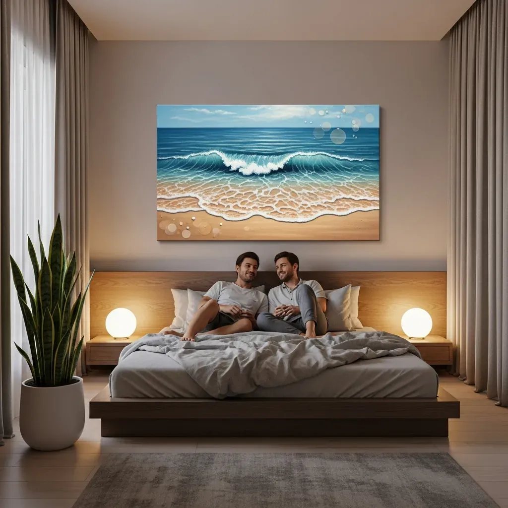 Cặp đôi nghỉ ngơi trên giường với tranh treo tường cảnh biển dịu êm trong phòng ngủ.