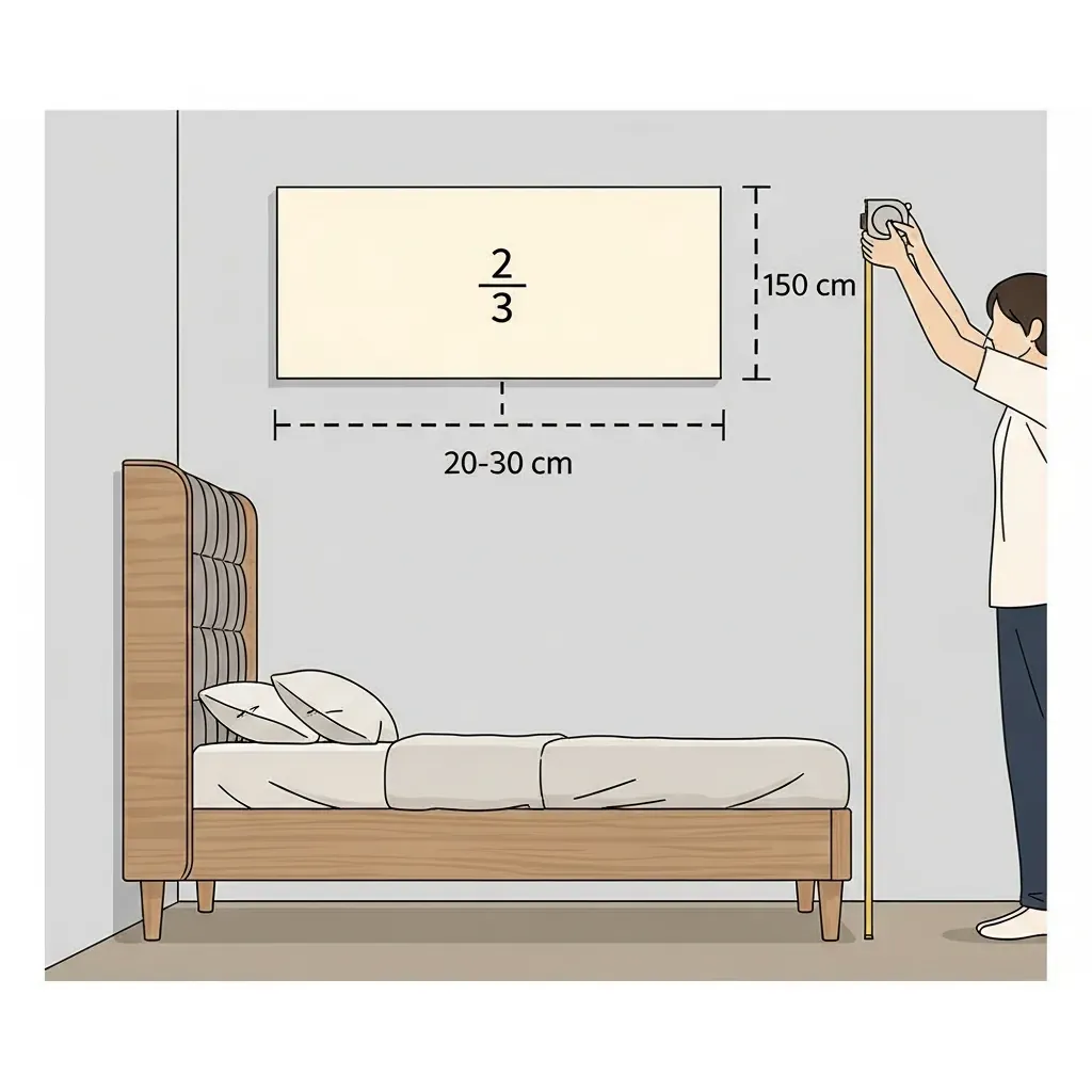 Minh họa cách đo và treo tranh đầu giường đúng tỷ lệ và khoảng cách an toàn.