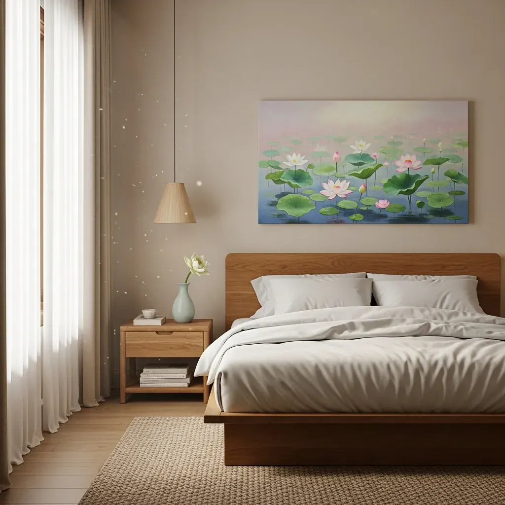 Phòng ngủ nhẹ nhàng với tranh canvas hoa sen treo đầu giường, ánh sáng ban mai dịu mắt.