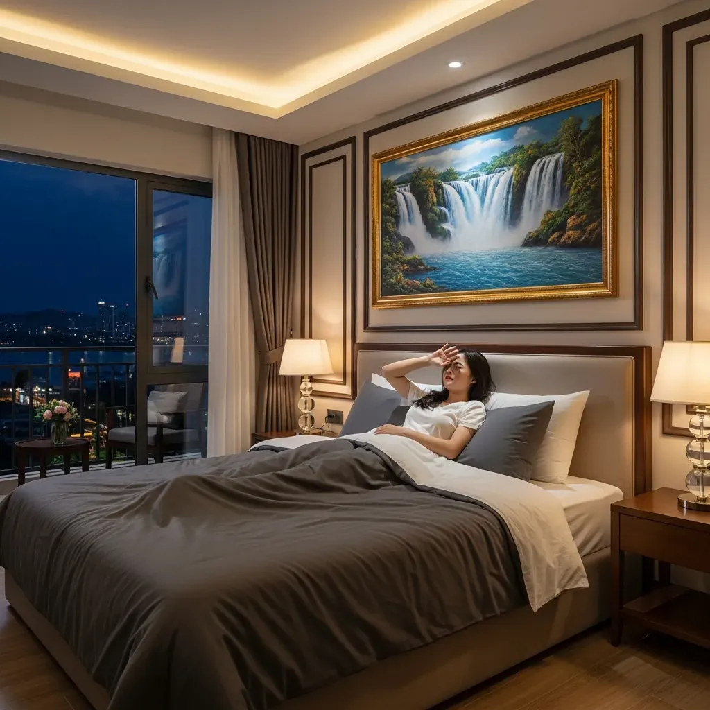 Phụ nữ Khó chịu vì ánh đèn phản chiếu chói từ tranh tráng gương treo đối diện giường.