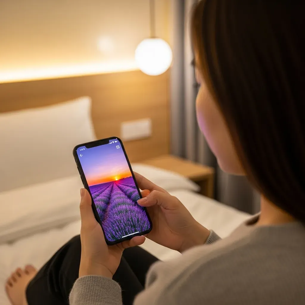 Phụ nữ trẻ người Việt đang xem tranh phong cảnh trên điện thoại trong phòng ngủ ấm cúng.