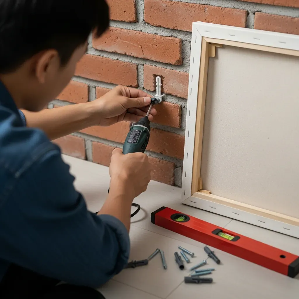 Tay người đàn ông đang bắt vít, lắp móc treo chắc chắn cho tranh canvas nhẹ đầu giường.