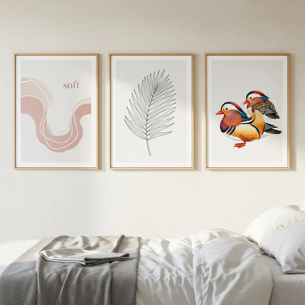 Tường phòng ngủ trưng bày bộ tranh canvas trừu tượng mềm, lá cây và uyên ương hài hòa.