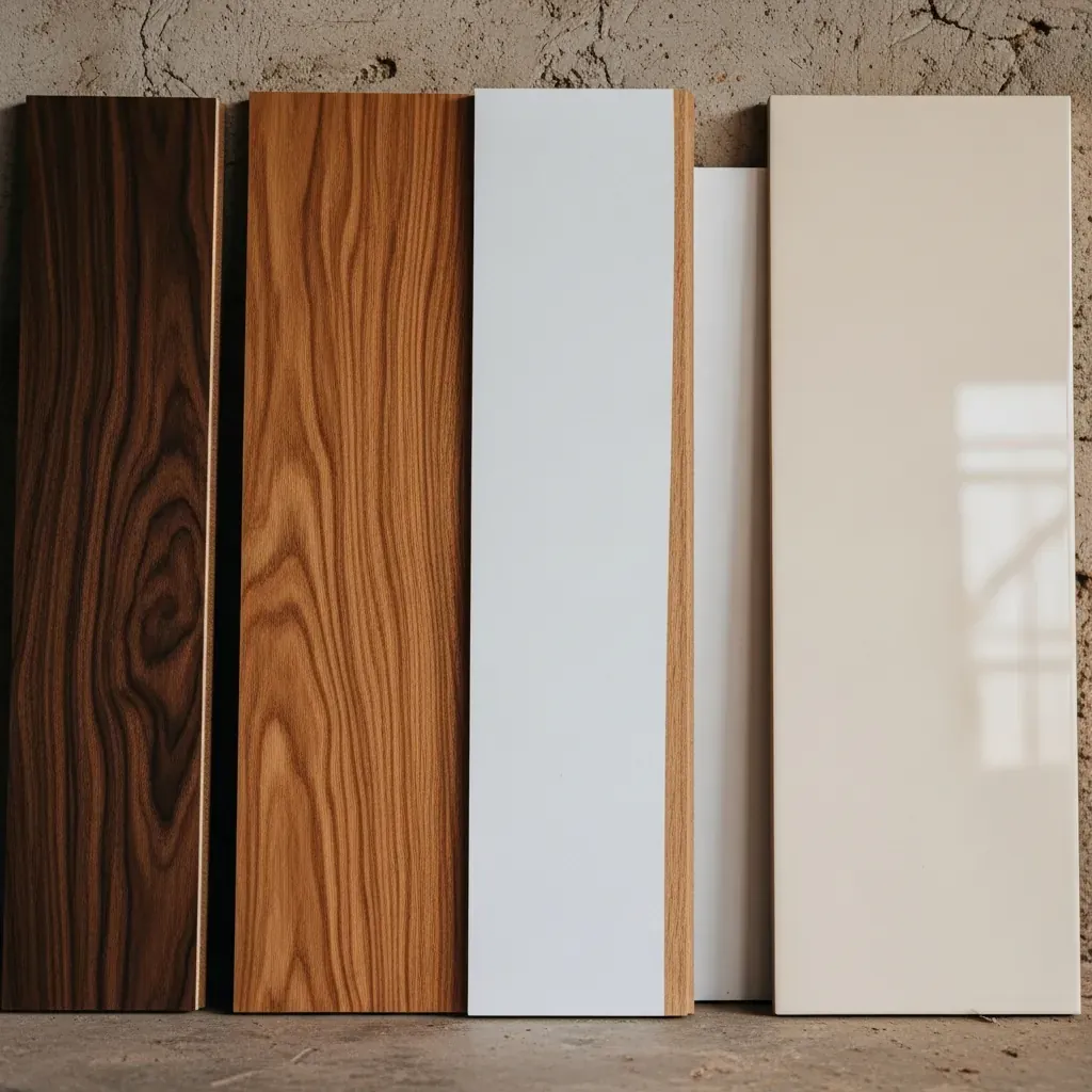 Các mẫu gỗ tủ bếp gồm óc chó, sồi, melamine và acrylic được sắp xếp cạnh nhau