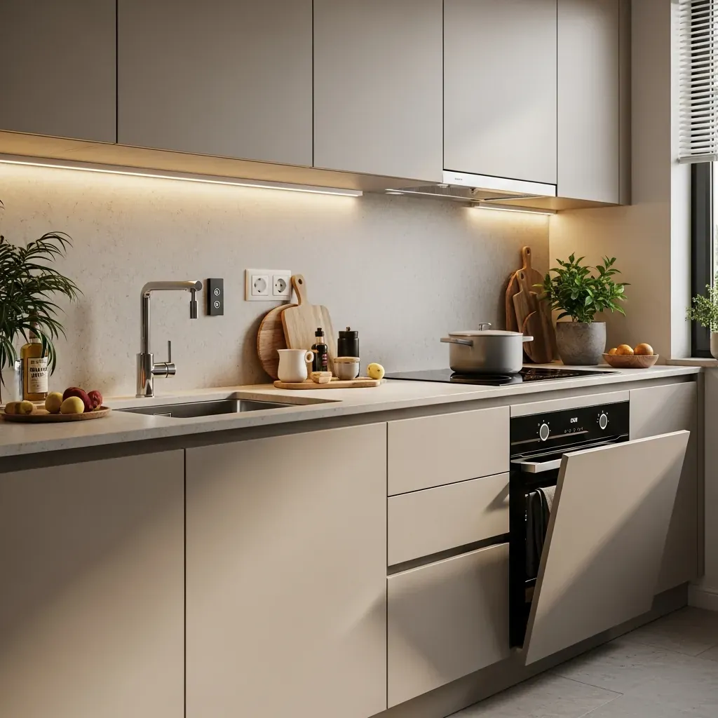 Căn bếp hiện đại với đèn LED cảm biến, tủ không tay nắm và thiết bị thông minh