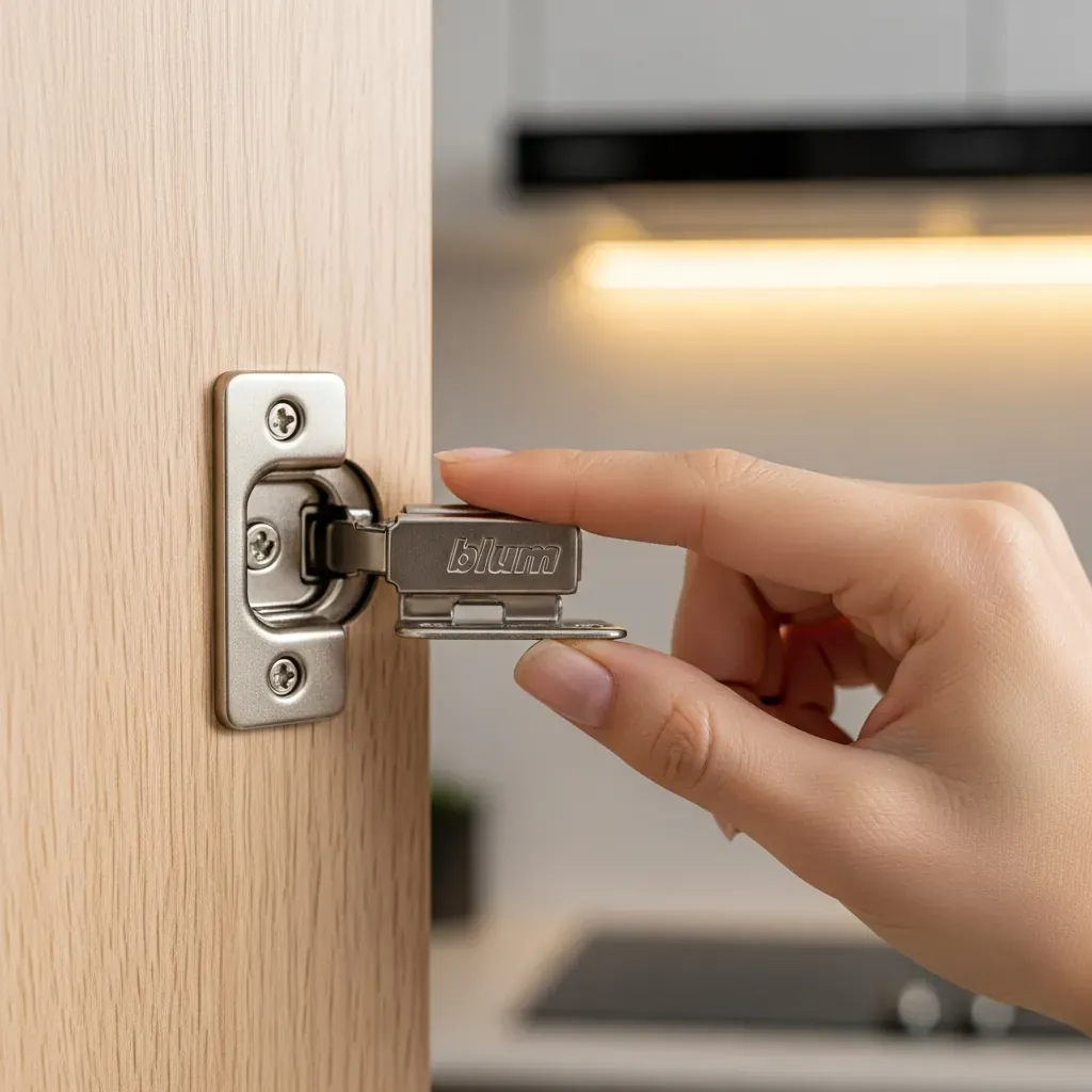 Cận cảnh bản lề giảm chấn Blum trên cánh tủ bếp gỗ sáng màu