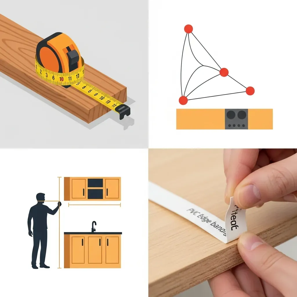 Infographic minh họa bốn thuật ngữ cốt lõi: mét dài, tam giác vàng, khoảng cách tủ, dán cạnh