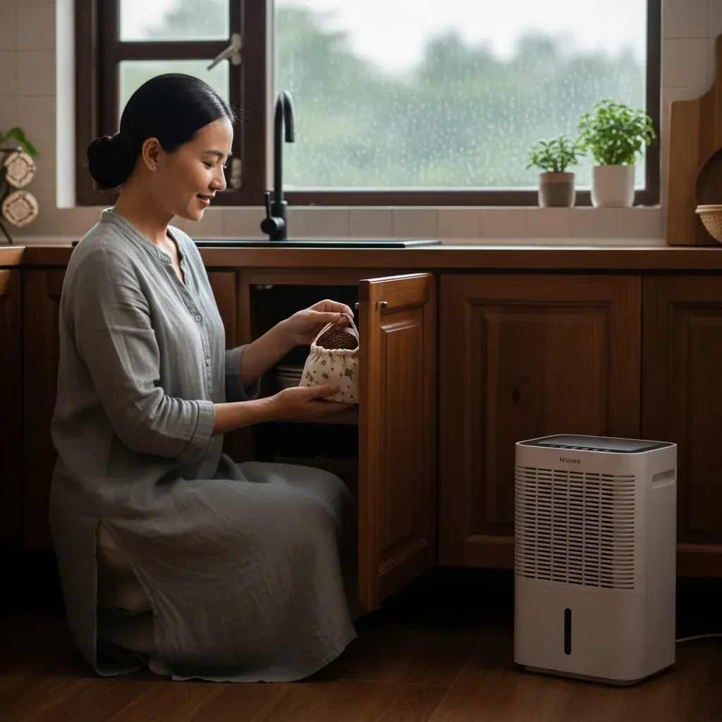 Người phụ nữ đặt túi hút ẩm tự nhiên vào tủ bếp trong mùa nồm