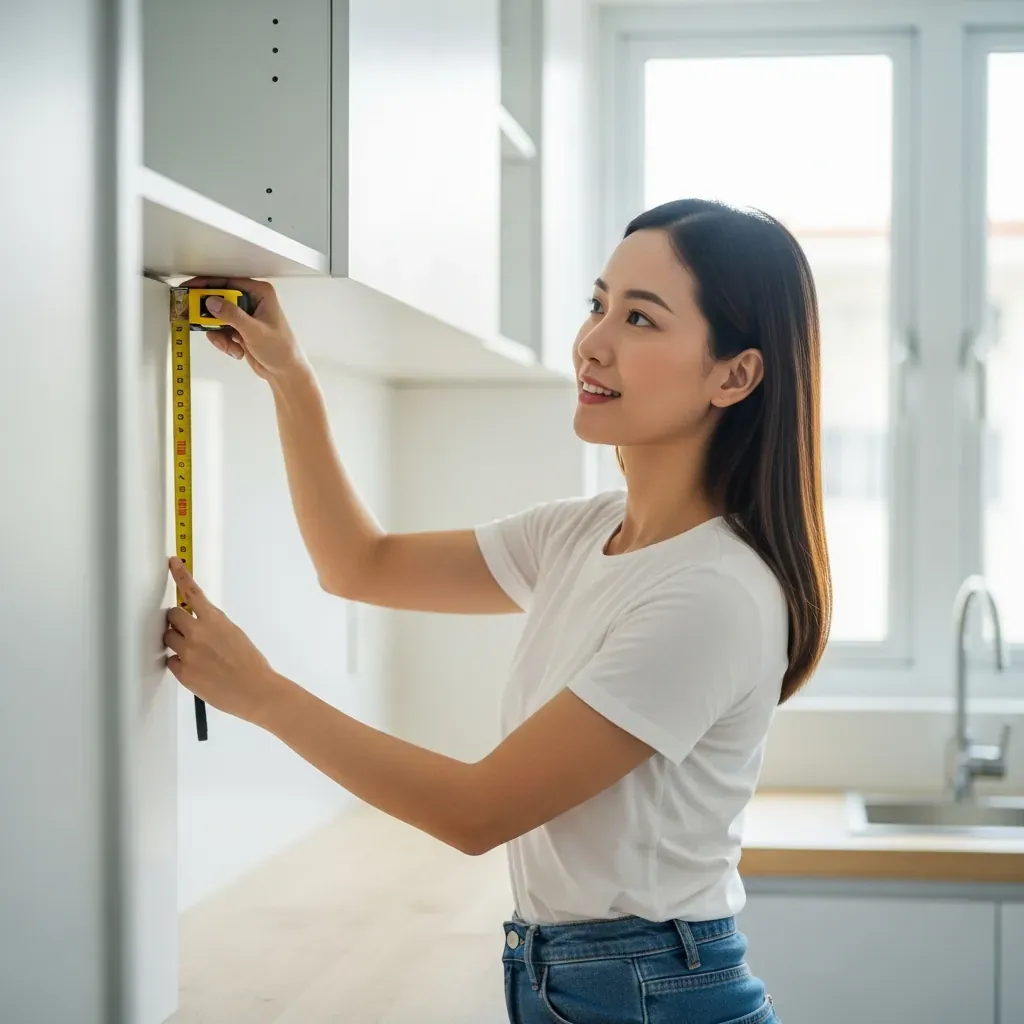 Người phụ nữ Việt đang đo chiều dài tường bếp bằng thước dây