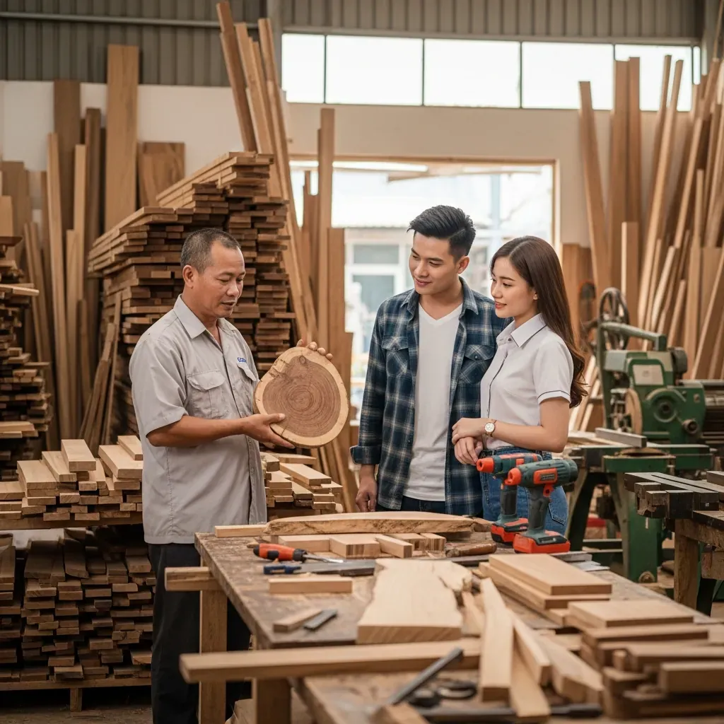 Thợ mộc Việt Nam đang giới thiệu mẫu gỗ cho đôi vợ chồng trẻ tại xưởng