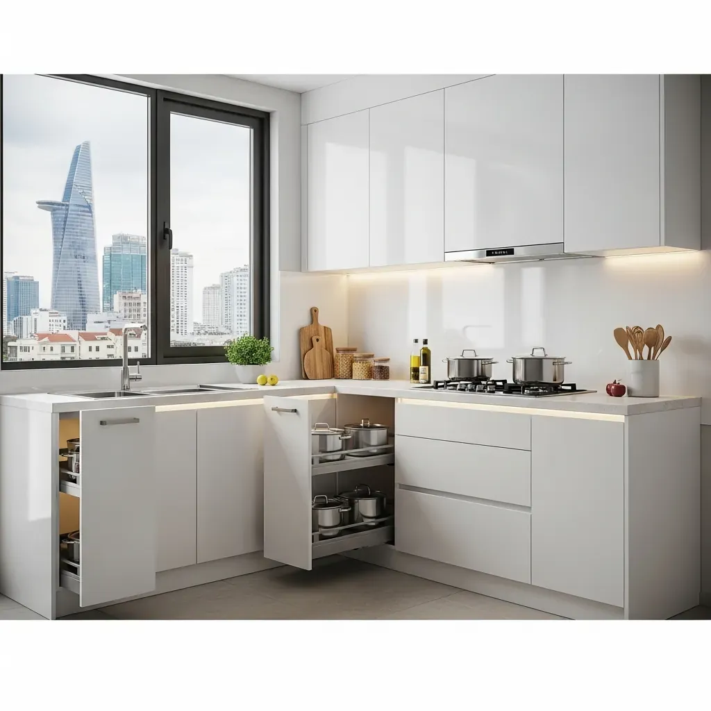 Căn bếp hiện đại với tủ bếp thông minh, kệ góc liên hoàn và đèn LED.