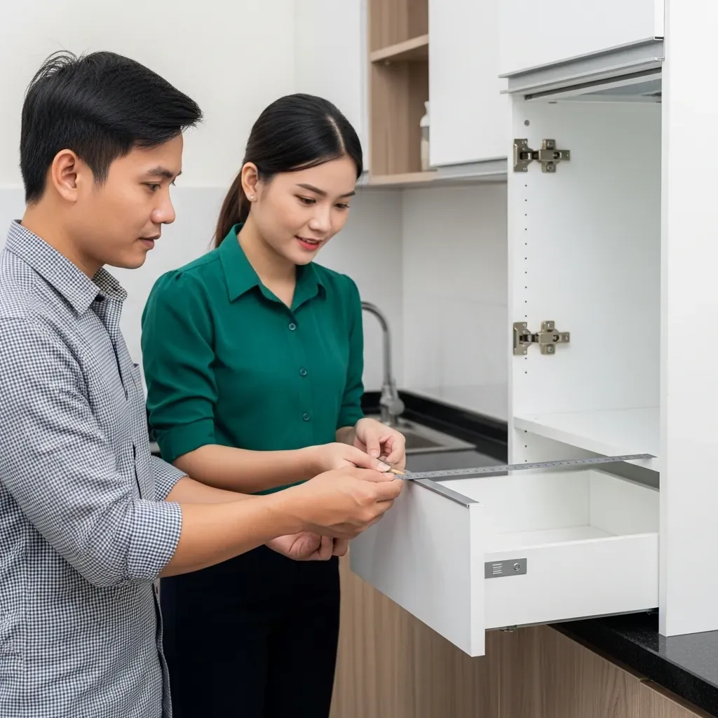 Kỹ thuật viên và chủ nhà đo khe hở cánh tủ sau lắp đặt.