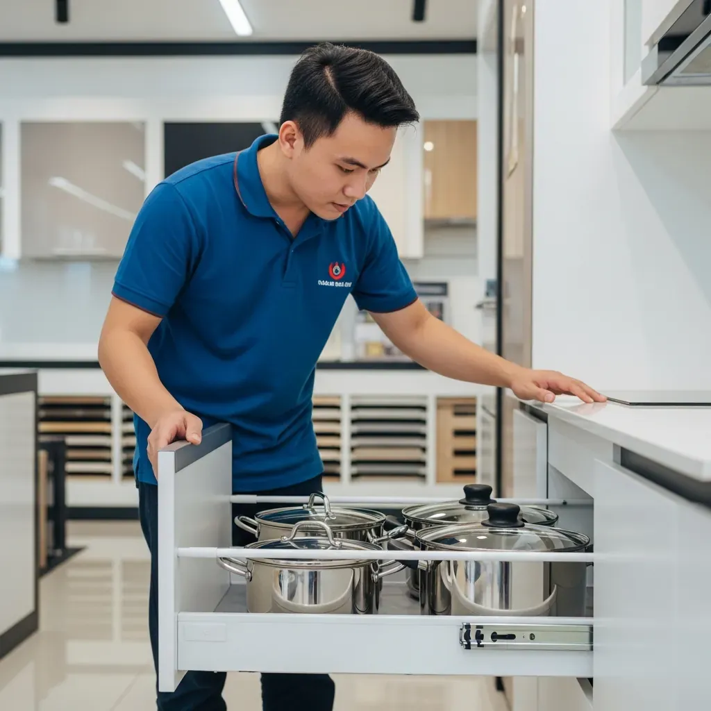 Nam thanh niên kiểm tra ngăn kéo tủ bếp tại showroom.