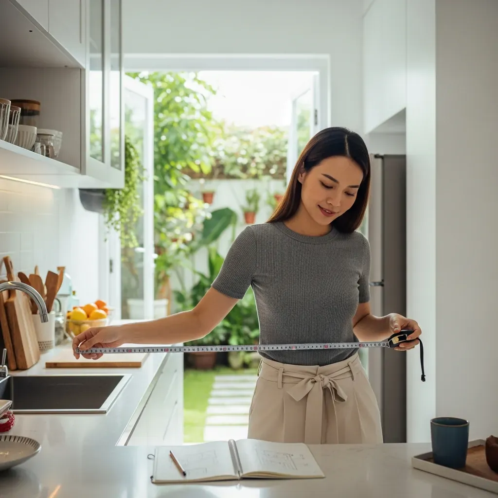 Người phụ nữ đang đo kích thước tường bếp bằng thước dây.