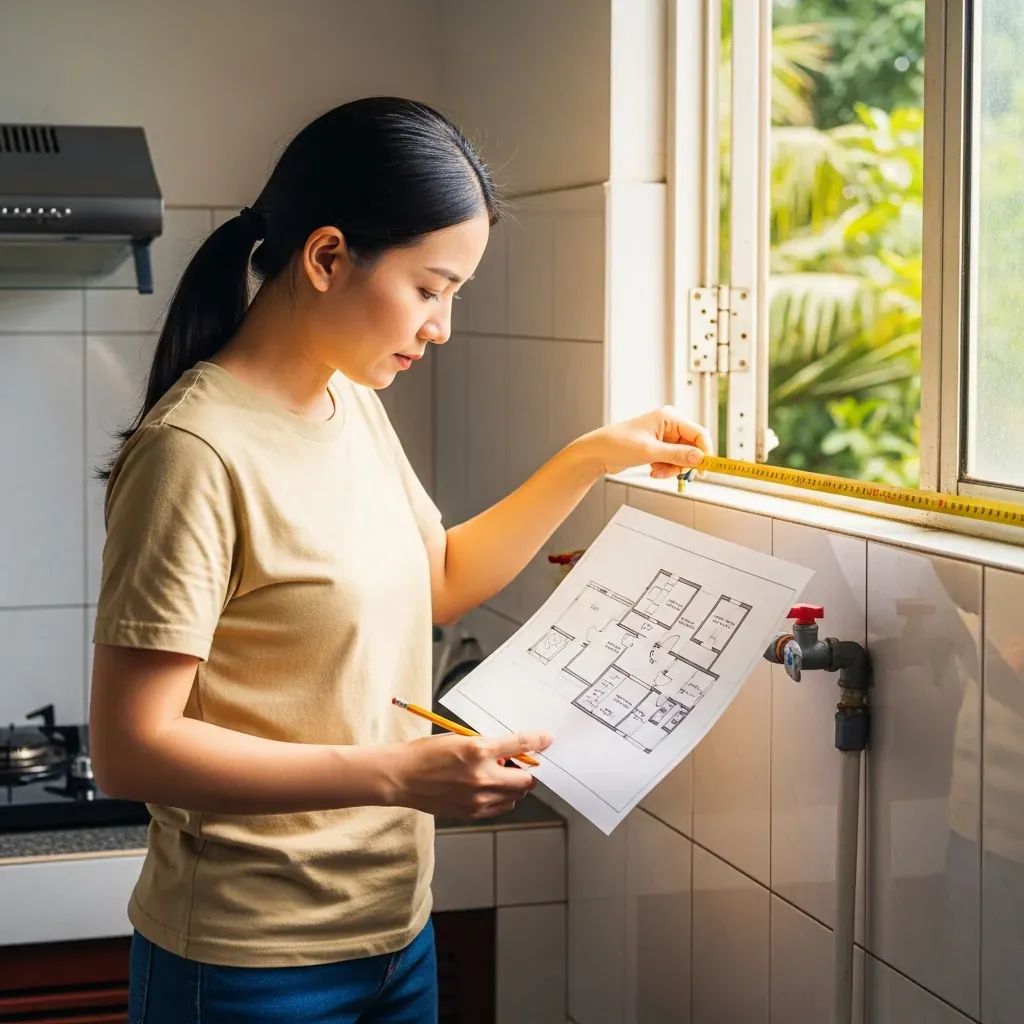 Người phụ nữ đo kích thước bếp và ghi chép trên bản vẽ.