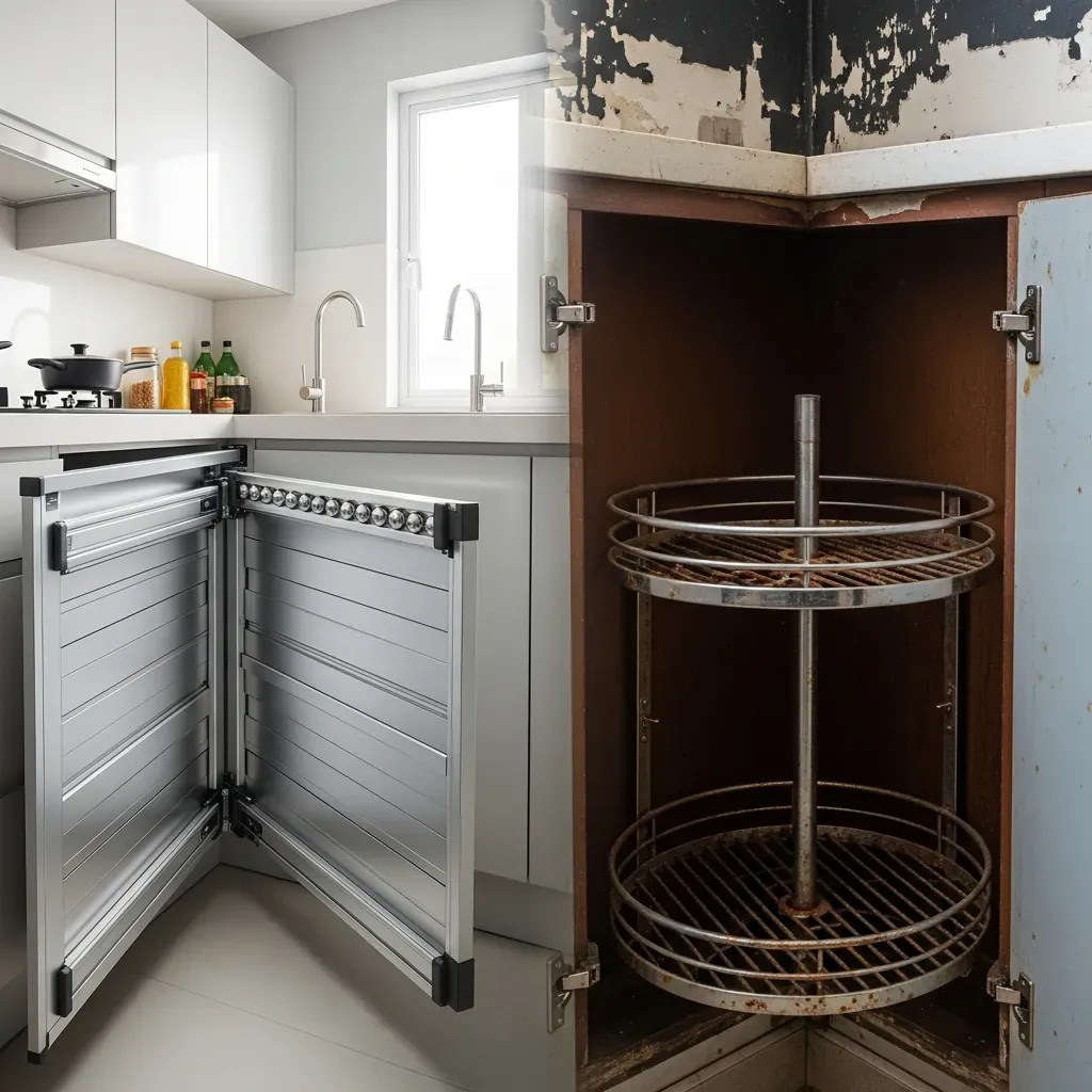 So sánh kệ góc liên hoàn chất lượng cao và kệ xoay thường kém chất lượng.