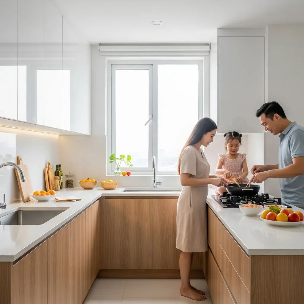 Dự án bếp thực tế với tủ Acrylic trắng bóng, đá mặt bàn và gia đình Việt đang nấu ăn.