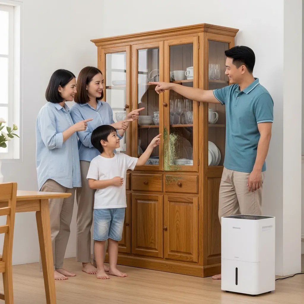 Gia đình Việt tự hào bên tủ chén gỗ sạch sẽ, không ẩm mốc.