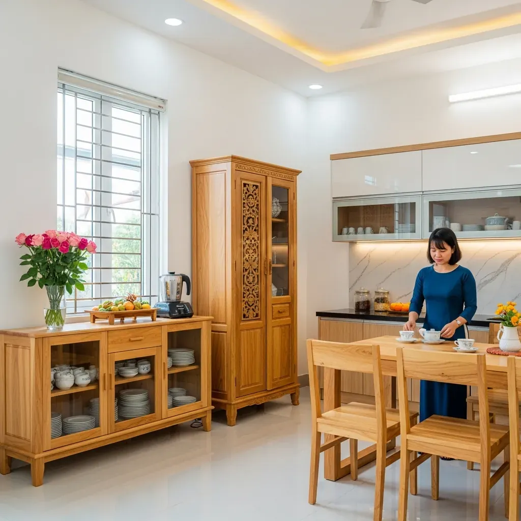 Không gian bếp-phòng ăn kiểu Việt với các loại tủ chén gỗ khác nhau, chủ nhà đang sắp xếp chén đĩa.