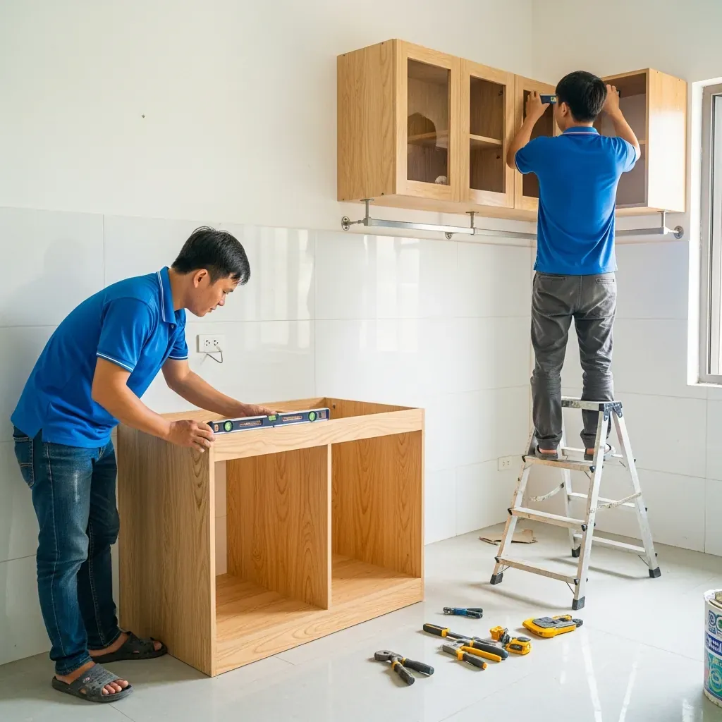 Thợ mộc lắp đặt tủ dưới và treo tủ trên trong căn bếp Việt.