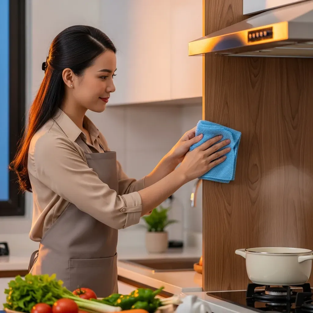 Vệ sinh tủ chén gỗ hàng ngày bằng khăn mềm.