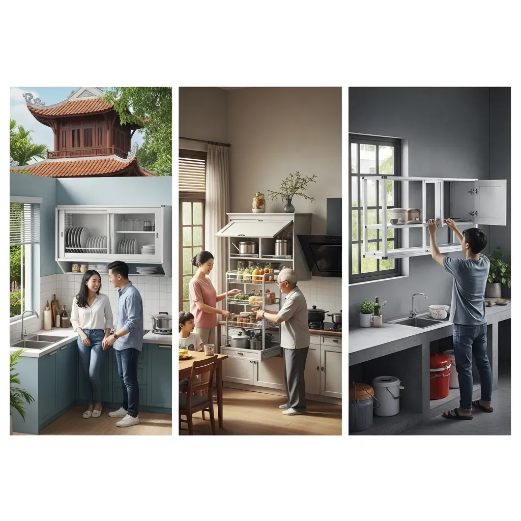 Ba không gian bếp Việt tương ứng với ba chân dung người dùng: cặp đôi trẻ, gia đình đa thế hệ và người thuê nhà cải tạo.