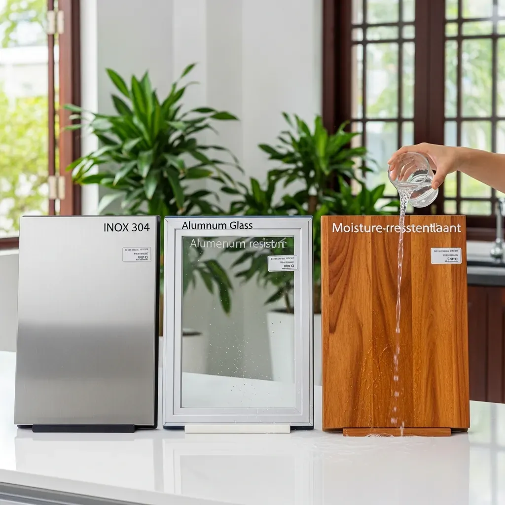 Ba mẫu tủ chén đặt cạnh nhau: inox 304, nhôm kính và gỗ chống ẩm, có nước đổ lên bề mặt để kiểm tra khả năng chống thấm.