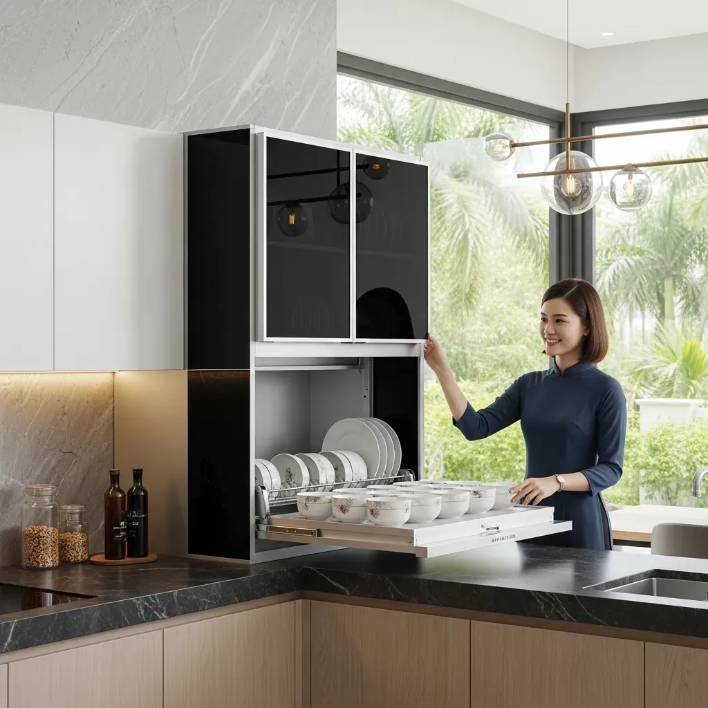 Bếp sang trọng với tủ Inox 304 cánh kính đen, giá nâng hạ Grob đang kéo xuống, người phụ nữ Việt Nam mỉm cười hài lòng.