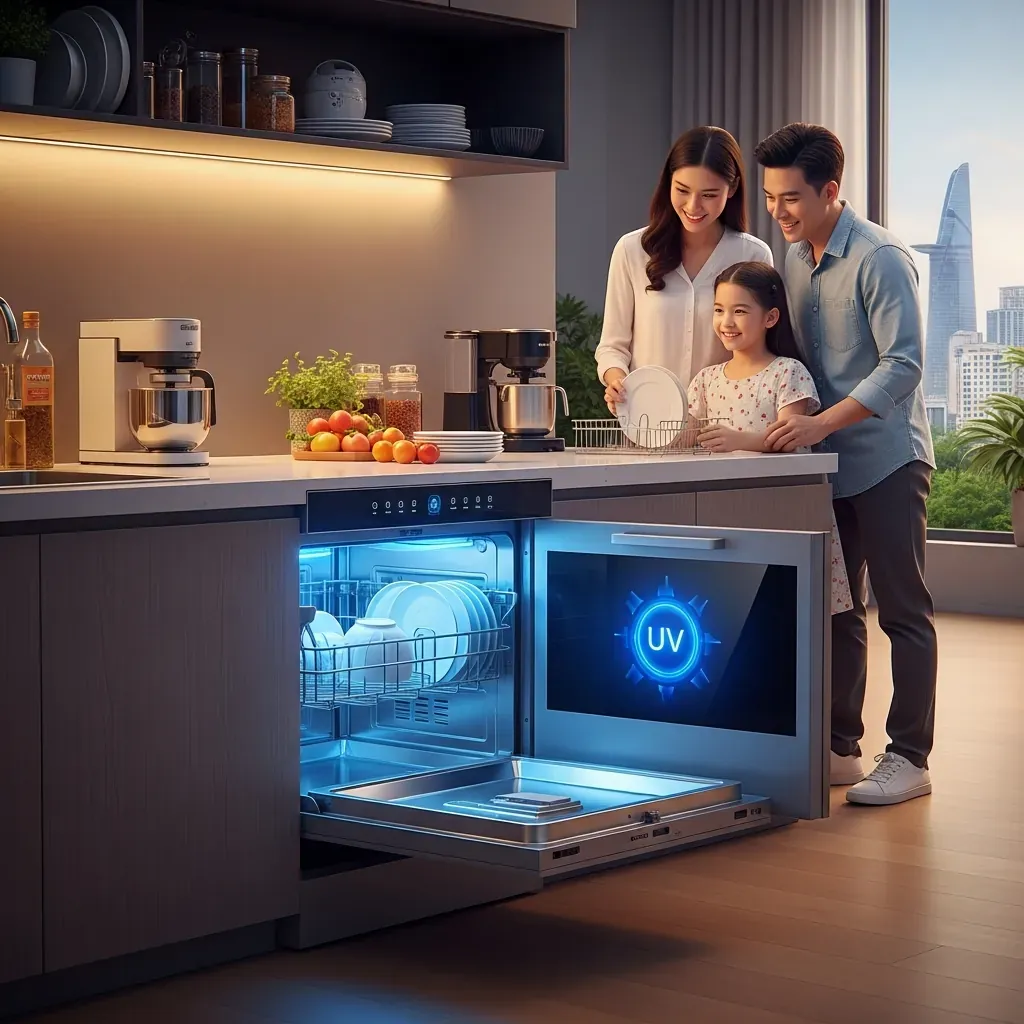 Bếp tương lai với tủ sấy UV mở hé cánh, phát ánh sáng xanh, gia đình Việt Nam đang lấy chén bát khô sạch.