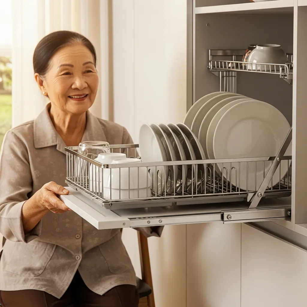 Người phụ nữ lớn tuổi Việt Nam kéo giá nâng hạ trong bếp, tay dễ dàng lấy chén bát ở tầm thấp, khuôn mặt tươi cười.
