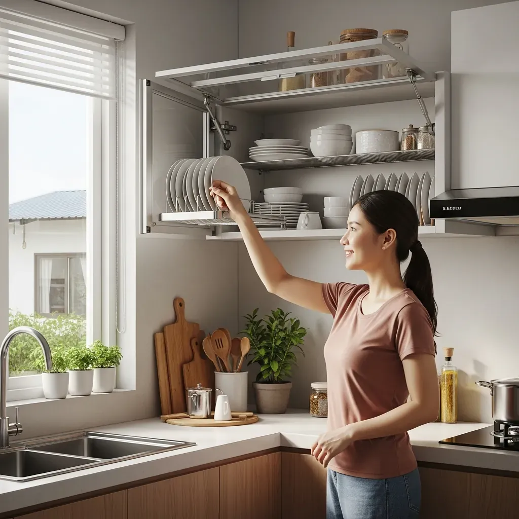Người phụ nữ Việt Nam đứng thoải mái lấy chén từ tủ trên, khuỷu tay ngang mặt bếp, minh họa chiều cao lý tưởng.
