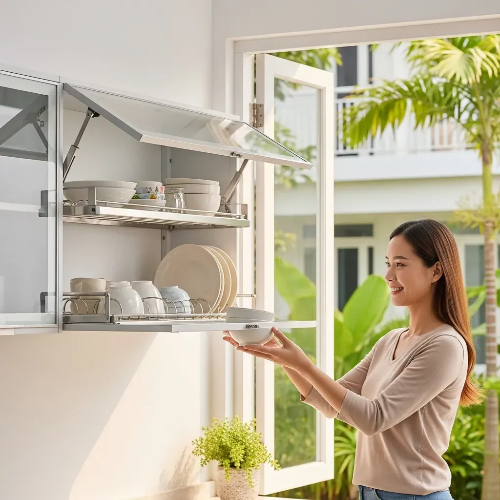 Người phụ nữ Việt Nam kéo giá nâng hạ tủ chén bát Inox 304 trong bếp hiện đại.