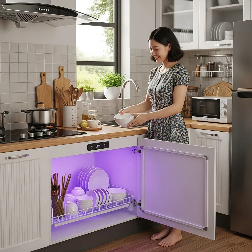Tủ sấy khử khuẩn UV mở cửa, ánh đèn tím chiếu lên bát đũa, người nội trợ Việt Nam lấy bát khô ráo và mỉm cười.