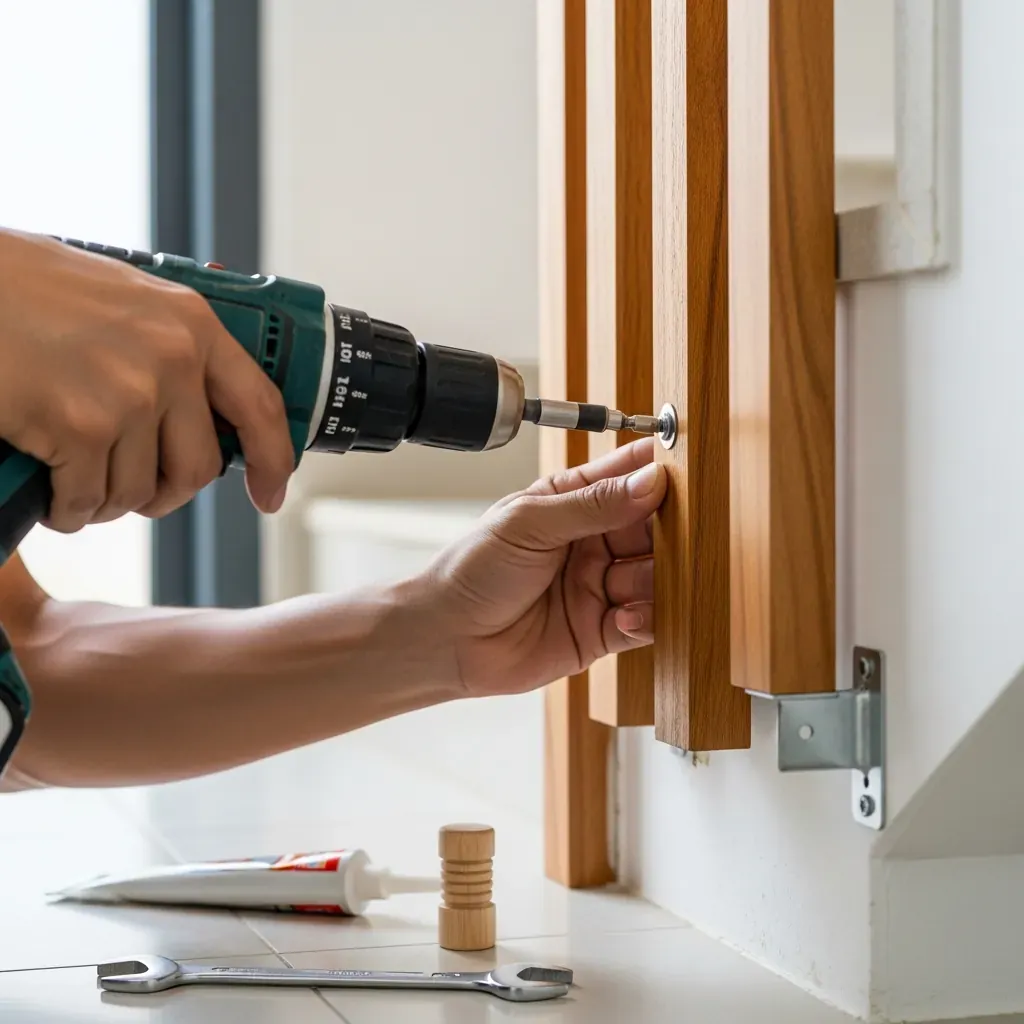 Bàn tay thợ Việt Nam đang lắp thanh lam gỗ vào con ke và bắn vít cố định trên tường cầu thang.
