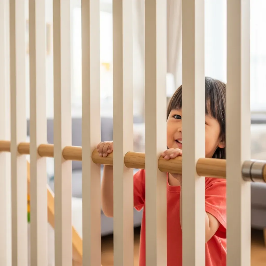 Bé gái Việt Nam đang bám tay vịn vách ngăn cầu thang với khe hẹp và bo tròn an toàn.