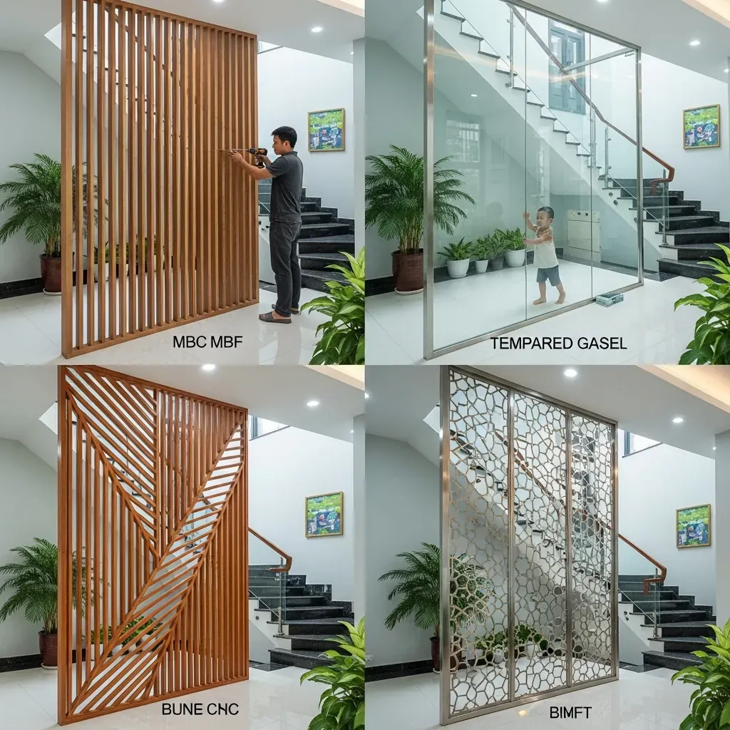 Bốn phong cách vách ngăn cầu thang tam cấp: lam gỗ, kính cường lực, CNC gỗ và CNC kim loại trong không gian nhà ống Việt Nam hiện đại.