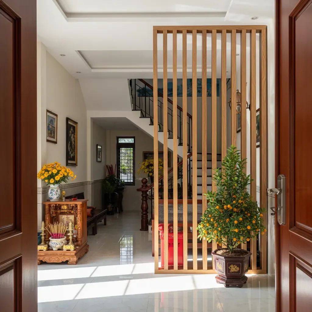 Cửa chính nhà ống Việt Nam nhìn vào phòng khách, vách lam gỗ hở che chắn cầu thang đối diện, tạo phong thủy hài hòa.