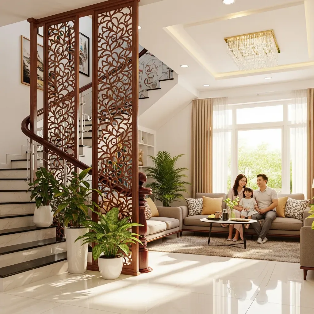 Không gian phòng khách nhà ống Việt Nam với vách ngăn cầu thang CNC gỗ hoa văn tinh xảo, gia đình trẻ đang thư giãn.