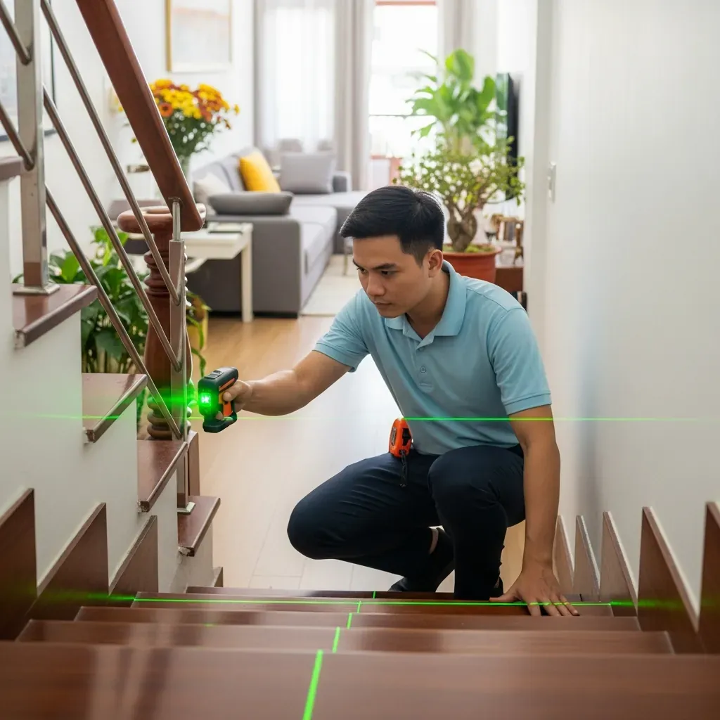 Người đàn ông Việt Nam đang dùng máy đo laser và thước dây để đo đạc vị trí lắp vách ngăn cầu thang trong nhà ống.