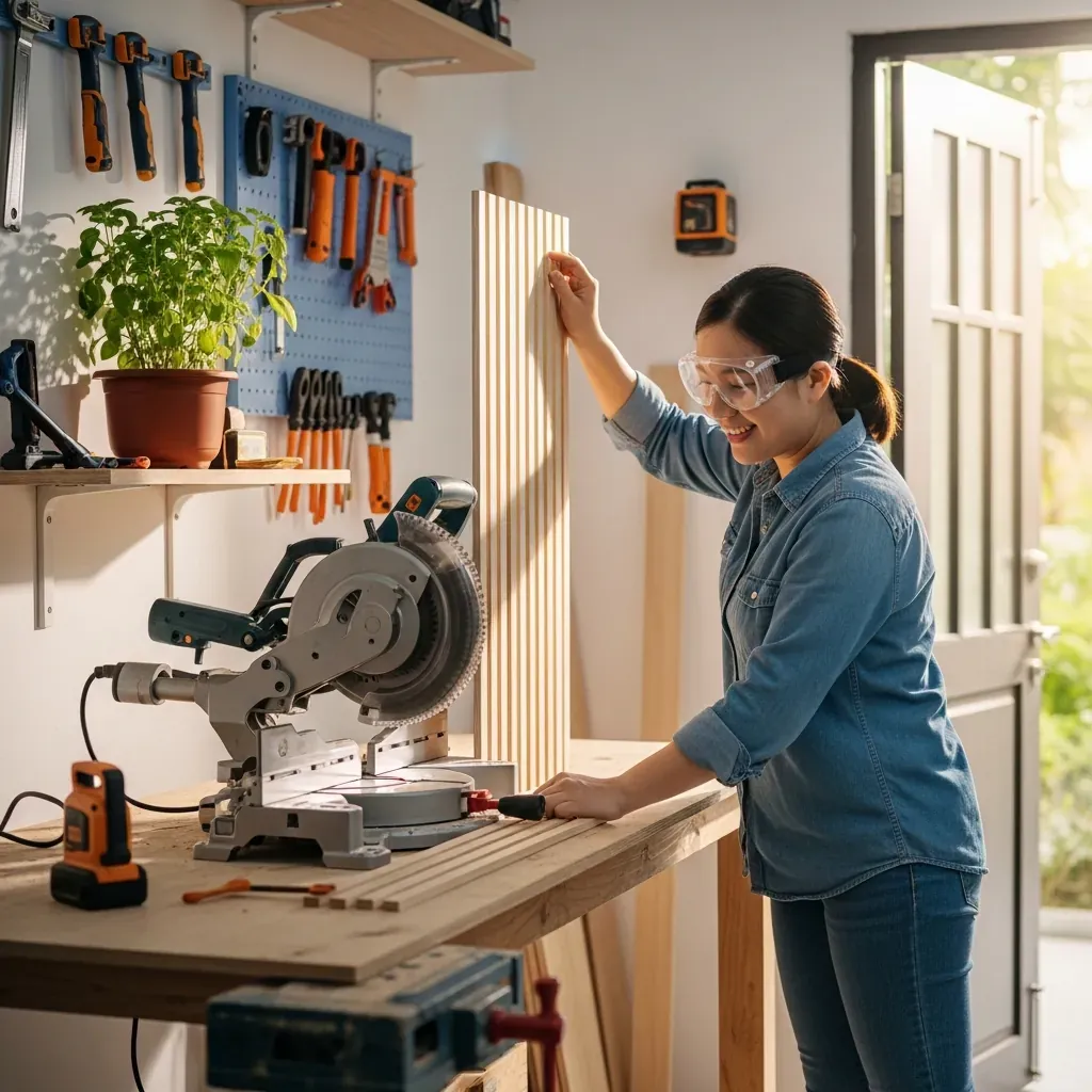 Người phụ nữ Việt Nam tự tay cắt và lắp ráp thanh lam gỗ làm vách ngăn cầu thang tại nhà.