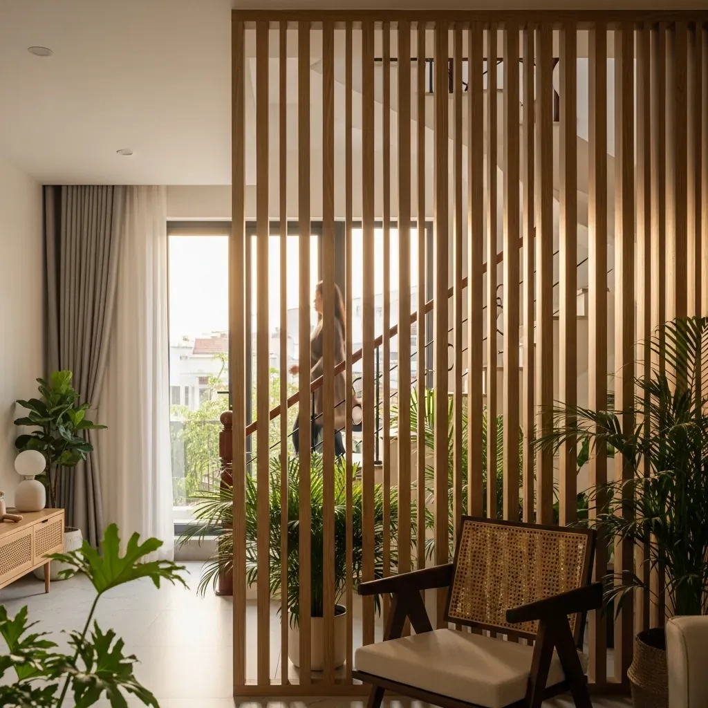 Phòng khách nhìn qua vách lam gỗ hướng cầu thang: người đi phía sau được che mờ nhưng ánh sáng vẫn tràn qua.
