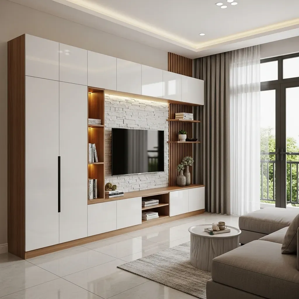 Mẫu vách tivi thực tế tại căn hộ TP.HCM kết hợp gỗ MDF và ốp PVC giả đá