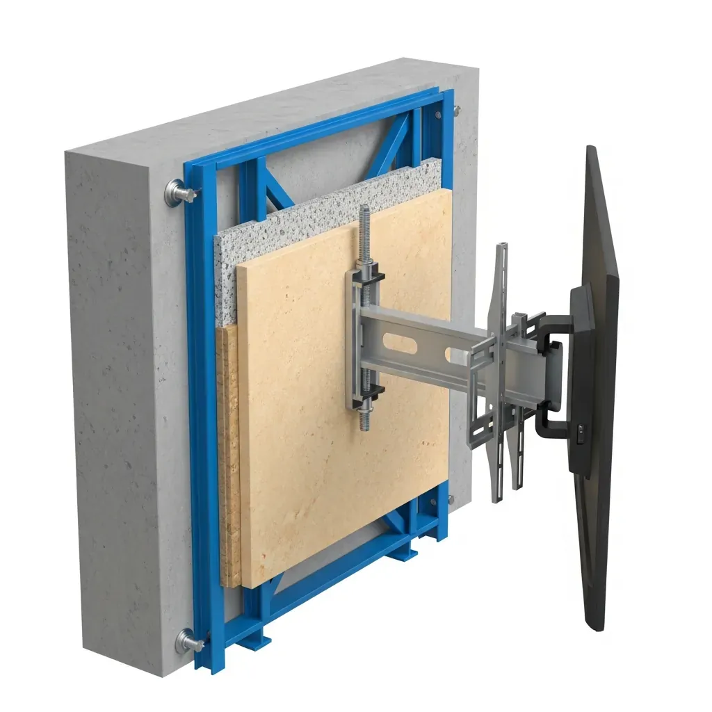 Minh họa cấu tạo khung thép chịu lực phía sau vách PVC để treo tivi an toàn